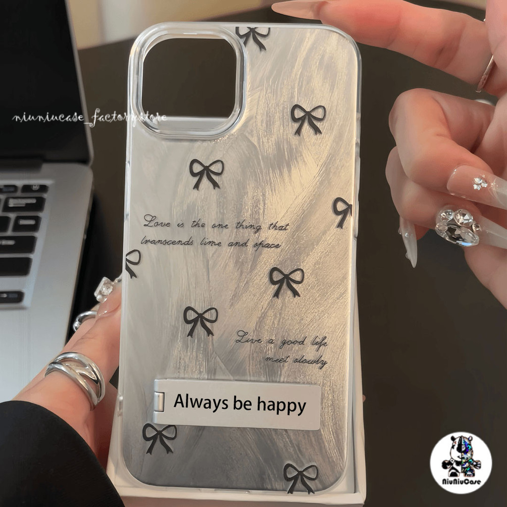 โบว์สีดำ เคสไอโฟน11 เคส Feather Laser Case For iPhone 11 12 13 14 15 16 Pro Max X XR XS MAX 7P 14 8 Plus SE เคสไอโฟนสวยๆ