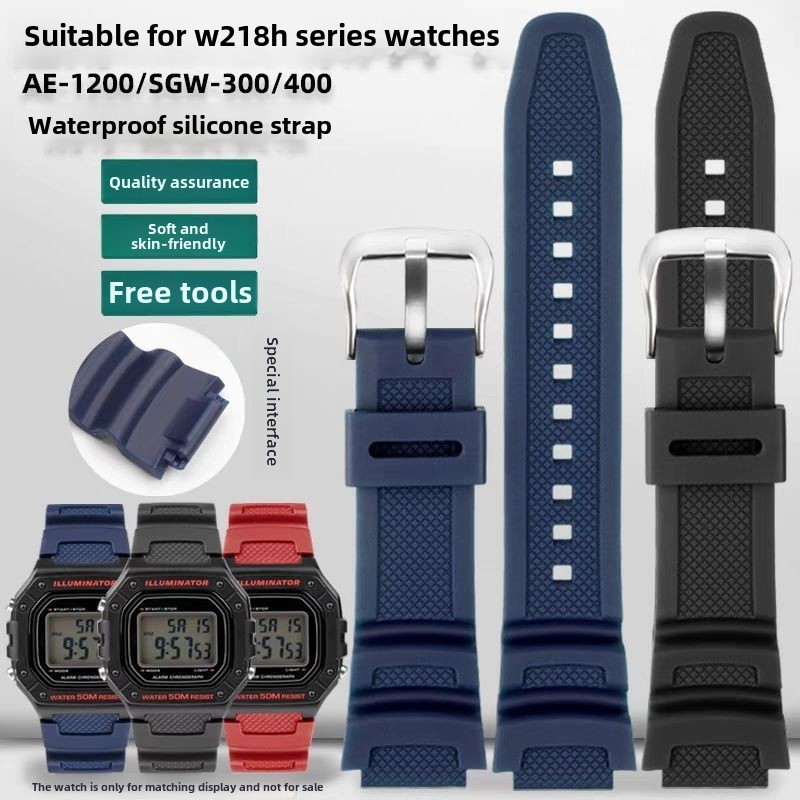 สายนาฬิกาเรซิน/ซิลิโคน 18 มม. สําหรับ W-218H, AE-1200, AQ-S810 - สายโค้งสีดําทนทานพร้อมขอบยกเข้ากันได้กับ OCEANUS และนาฬิกา