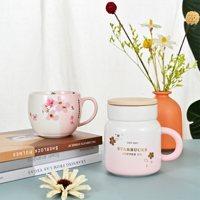 สตาร์บัคส์ถ้วยดอกซากุระสีชมพูแก้วเซรามิกสร้างสรรค์ทนความร้อนถ้วยน้ําในครัวเรือนมูลค่าสูงประณีตสํานักงานน่ารักนมอาหารเช้าถ้วย