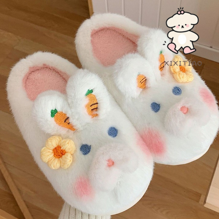 Xitiao ฤดูใบไม้ร่วงฤดูหนาว Leisure บ้านในร่ม Warm Plush รองเท้าแตะผ้าฝ้ายหญิงการ์ตูนน่ารักกระต่าย Soft Sole Baotou Confinement รองเท้า