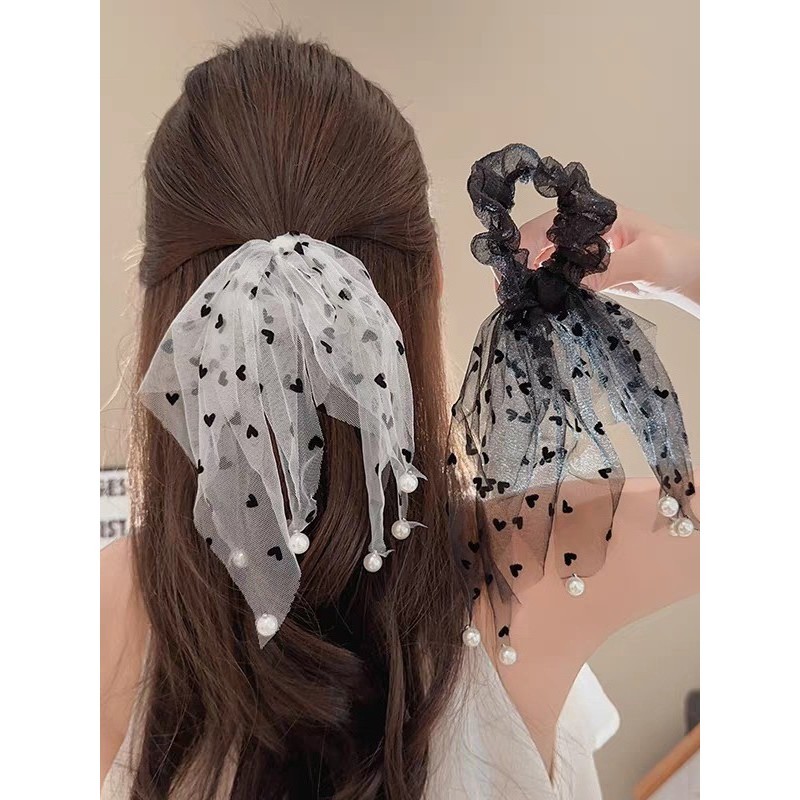 OFF SHOP 🥻พร้อมส่ง🥻 ยางรัดผม ผ้าตาข่าย คาวาอี้ ลายจุด ประดับไข่มุก เครื่องประดับ ยางมัดผม "VO-1"