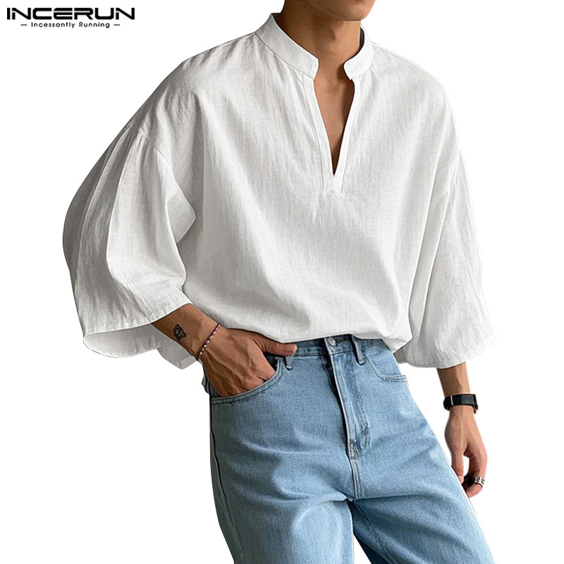 ไม่แน่นอน ผู้ชายเกาหลีลําลองคอตั้ง3/4แขนแข็งหลวมพอดีเสื้อ