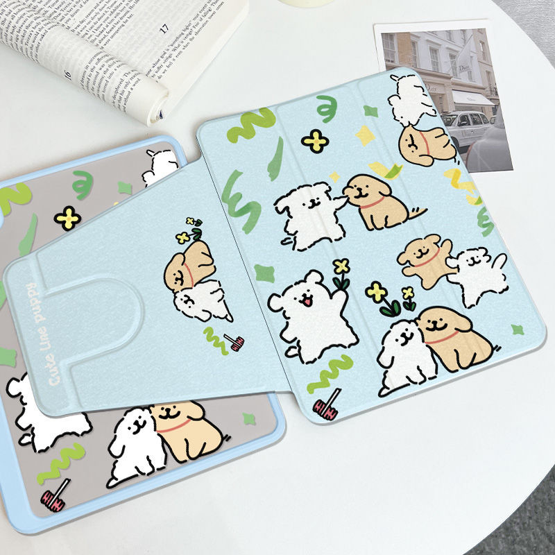 สําหรับกรณี iPad Air 7 M3 2025 Pro 11 2024 Air 6 5 4 10.9 11th A16 10th 9th 8th Gen 7th 10.2 Mini 6 7 กรณี Blue Line Puppy พร้อมที่ใส่ดินสอ 720° การหมุน - รูปที่ 2