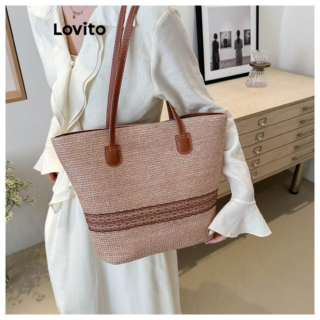 Lovito สง่างามสีพื้นRhombus Lattice โซ่โลหะความจุขนาดใหญ่และใช้งานได้จริงทุกวัน การเดินทางกระเป๋าสะพายสําหรับผู้หญิง LFA69291