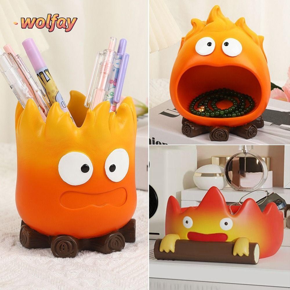 Wolfay Entryway ถาดจัดเก็บกุญแจ, อะนิเมะรูปเรซิ่น Calcifer ตกแต่งเดสก์ท็อป, ที่ใส่ปากกาความจุสูงแปลกใหม่เครื่องประดับตาราง