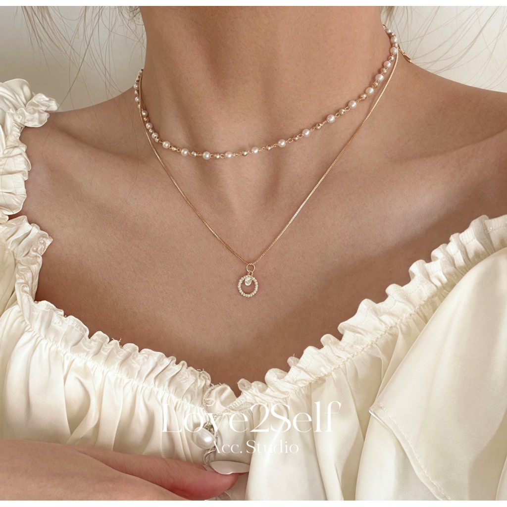 Love2Self X018 สร้อยคอมุกสองชั้นที่งดงามอุปกรณ์เสริมทงแดมุนอินเทรนด์