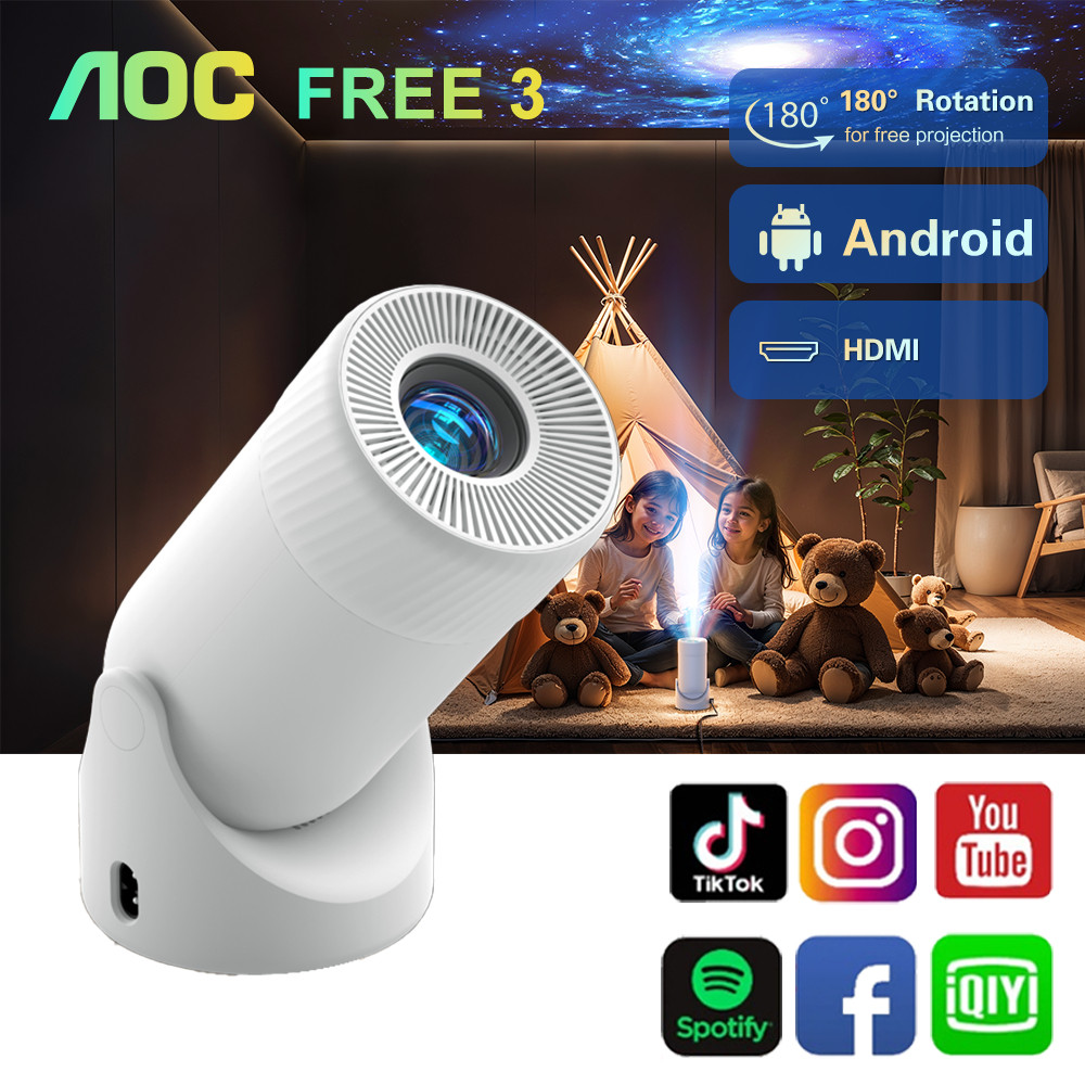 AOC Free 3 โปรเจคเตอร์ 4k เชื่อมต่อ wifi bluetooth โปรเจ็กเตอร์แบบพกพา Mini Projector android  ปรับไ
