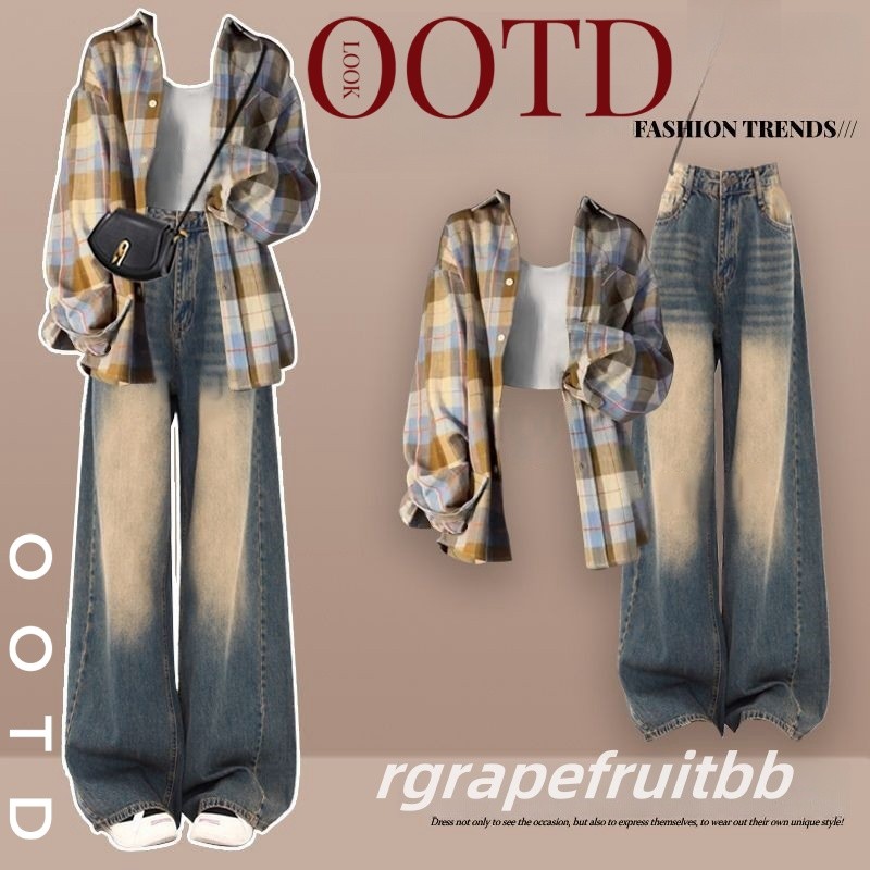 OOTD⭐ชุดเซท3ชิ้น เสื้อลายสก๊อต+เสื้อกั๊กสีขาว+กางเกงยีนส์วินเทจ แฟชั่นสไตล์เกาหลี ฤดูร้อนหวานและเผ็ด
