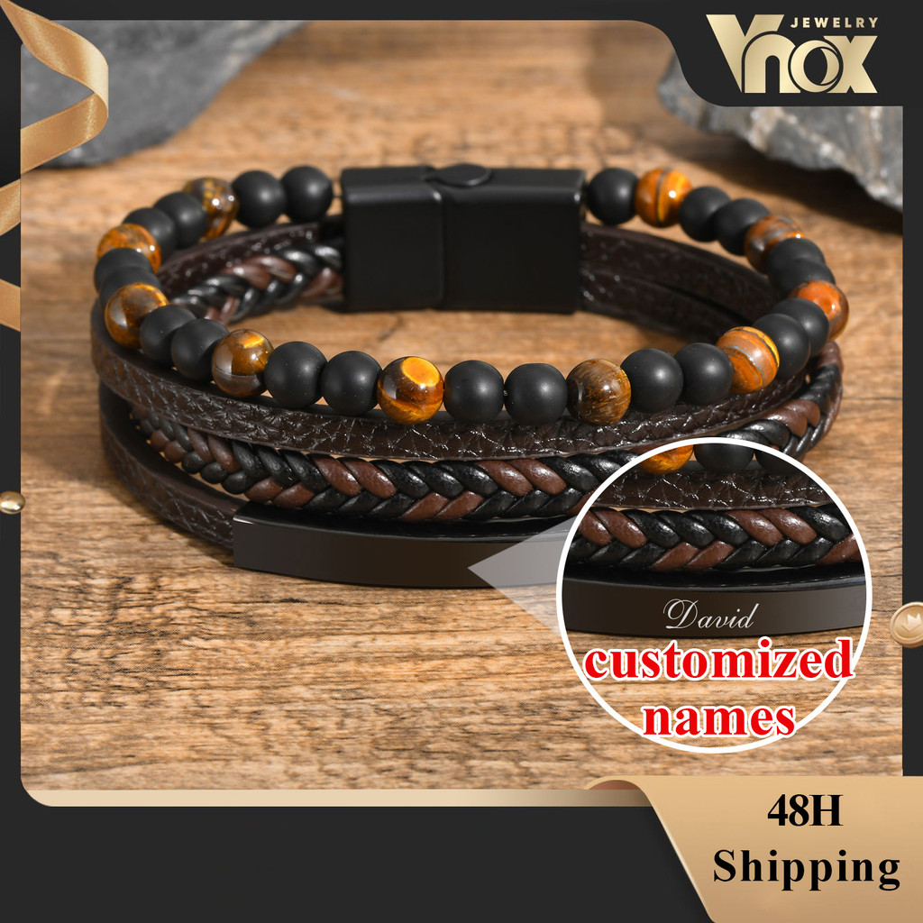 VNOX วีน็อกซ์ ชื่อที่กําหนดเองสร้อยข้อมือหนังทอหลายชั้นสําหรับผู้ชายเด็กผู้ชาย,สร้อยข้อมือโซ่ลูกปัดหินธรรมชาติของขวัญเคร