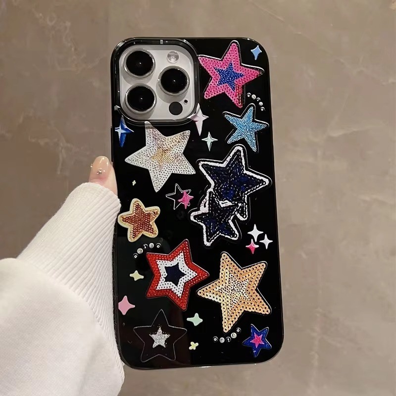 เกาหลีน่ารักดาวที่มีสีสันเคสโทรศัพท์สําหรับiphone 11 12 13 14 15 16 Pro Max 16e XR X XS 7 8 Plus SE2 กันกระแทกนุ่มGlossyฝาครอบสีดํา