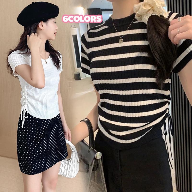 Mimi&Didi##เสื้อยืดลายทางแขนสั้นรับซัมเมอร์ เสื้อครอปสไตล์ฝรั่งเศสเอวผูกเชือก คอกลม สำหรับผู้หญิงD401