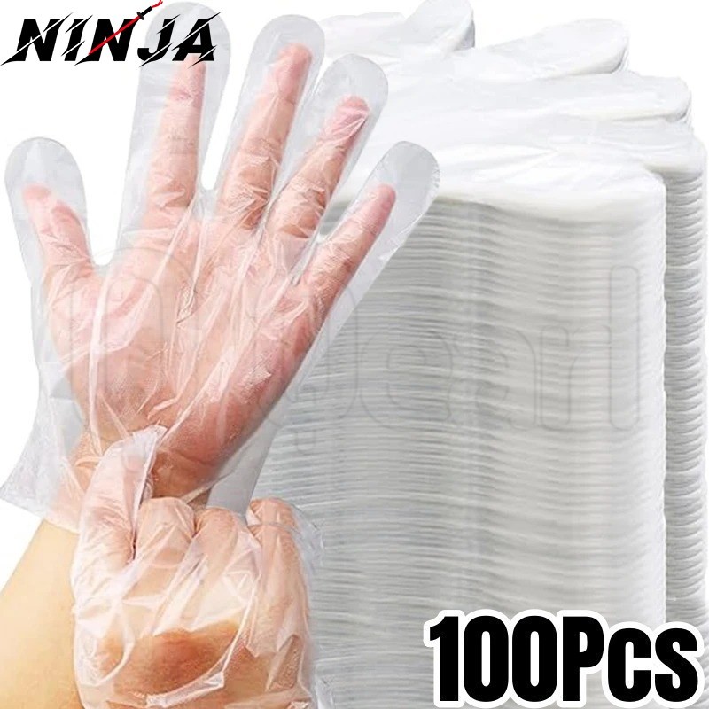 ถุงมือทิ้ง100ชิ้น-ถุงมืออนามัยสะอาด-กันน้ําข้น-ถุงมือพลาสติก-สําหรับพิซซ่าไก่ทอด-เกรดอาหาร,โปร่งใส-บนโต๊ะอาหารในครัว-อุปกรณ์ทําความสะ
