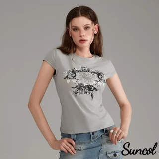 Suncol-womens เสื้อยืดแขนสั้นลําลองพิมพ์วินเทจรอบคอสัมผัสสะดือ Slim Fit Tops