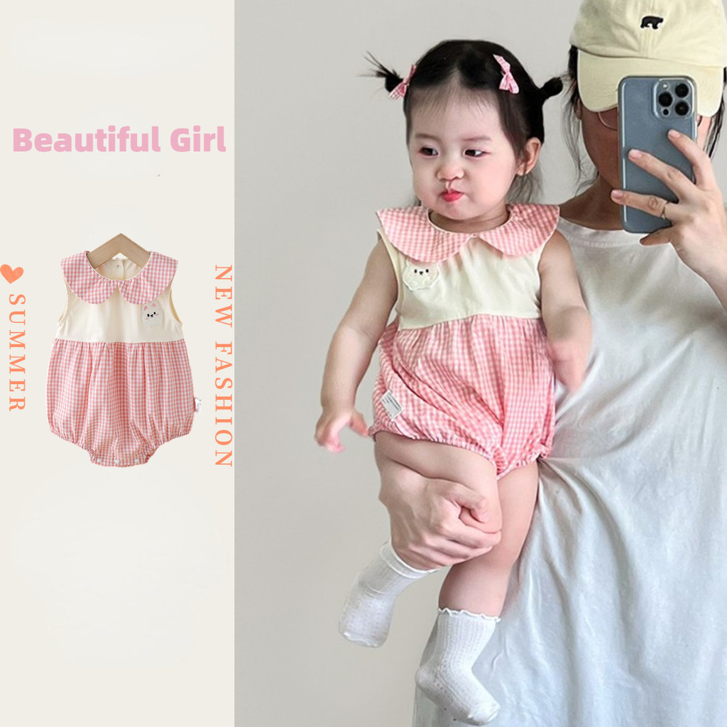 เด็กฤดูร้อนเสื้อผ้าใหม่บางบอดี้สูทแขนกุด0-24เดือนเด็กผ้าฝ้ายแท้ลายสก๊อตสีชมพูสุดน่ารักสไตล์เจ้าหญิง ชุดรอมเปอร์