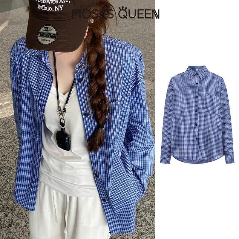 MOSESQUEEN  เสื้อเชิ้ตลายสก๊อตสีน้ําเงินแขนยาวฝรั่งเศสสําหรับผู้หญิงฤดูใบไม้ร่วงและฤดูหนาว 2025 ใหม่ระดับไฮเอนด์หลวมเสื้อแจ็คเก็ตอารมณ์ด้านบ #62825