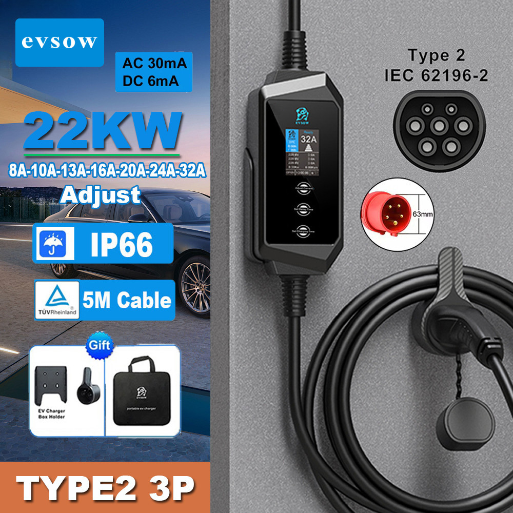 Evsow7kw 11KW 22KW เครื่องชาร์จรถยนต์ไฟฟ้า Type2 แบบพกพา EV Charger 3P Fast สายชาร์จสําหรับรถยนต์ไฟฟ