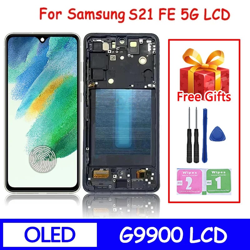 1pcs คุณภาพ OLED สําหรับ Samsung S21 FE 5G G990 G990B G990U G990B/DS G990E จอแสดงผล LCD กรอบหน้าจอสั