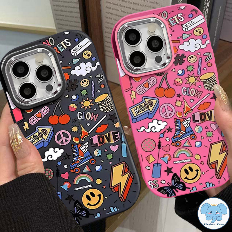 คู่รักสร้างสรรค์การ์ตูนวาดภาพล้อเลื่อนสายฟ้ายิ้มเชอร์รี่กรณีหรูหรา iPhone 11 13 XR 15 12 14 Pro Max 7 8 Plus X XS Max