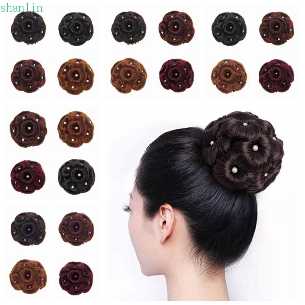 Shanlin มวยผมสังเคราะห์ ดอกไม้ แหวน มวยผมเจ้าสาว เก้าดอกไม้ ผมมีสไตล์ ขนาดเล็ก Scrunchie มุกหยิก Chignon ผู้หญิง