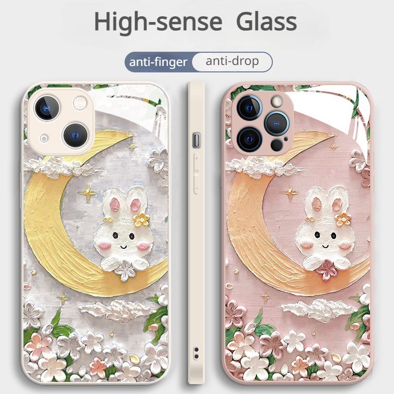 เคสโทรศัพท์มือถือแบบแก้ว ลายกระต่าย ดอกไม้ ดวงจันทร์น่ารัก สําหรับ IPhone 15promax 14plus 13mini 12pro 11 7 8plus Xsmax