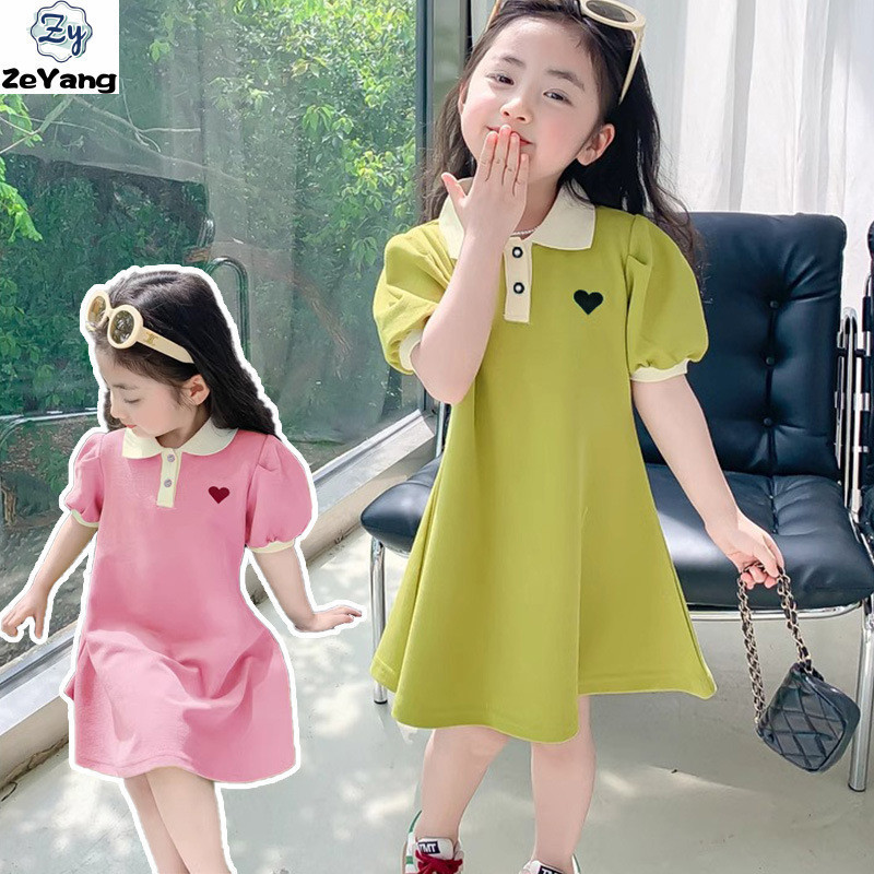 [ZY]70-150  พร้อมส่ง ชุดเดรสกระโปรงโปโล แขนสั้น ทรงเอ ผ้าฝ้าย ประดับลูกปัด สีพื้น เข้ากับทุกการแต่งกาย แฟชั่นเจ้าหญิง สําหรับเด็กผู้หญิง