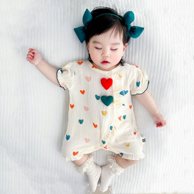 ชุดจั๊มสูทรอมเปอร์แขนสั้น ผ้าฝ้าย พิมพ์ลายน่ารัก แฟชั่นฤดูร้อน สไตล์เกาหลี สําหรับเด็กทารกผู้ชาย และเด็กผู้หญิง อายุ 0-2 ปี