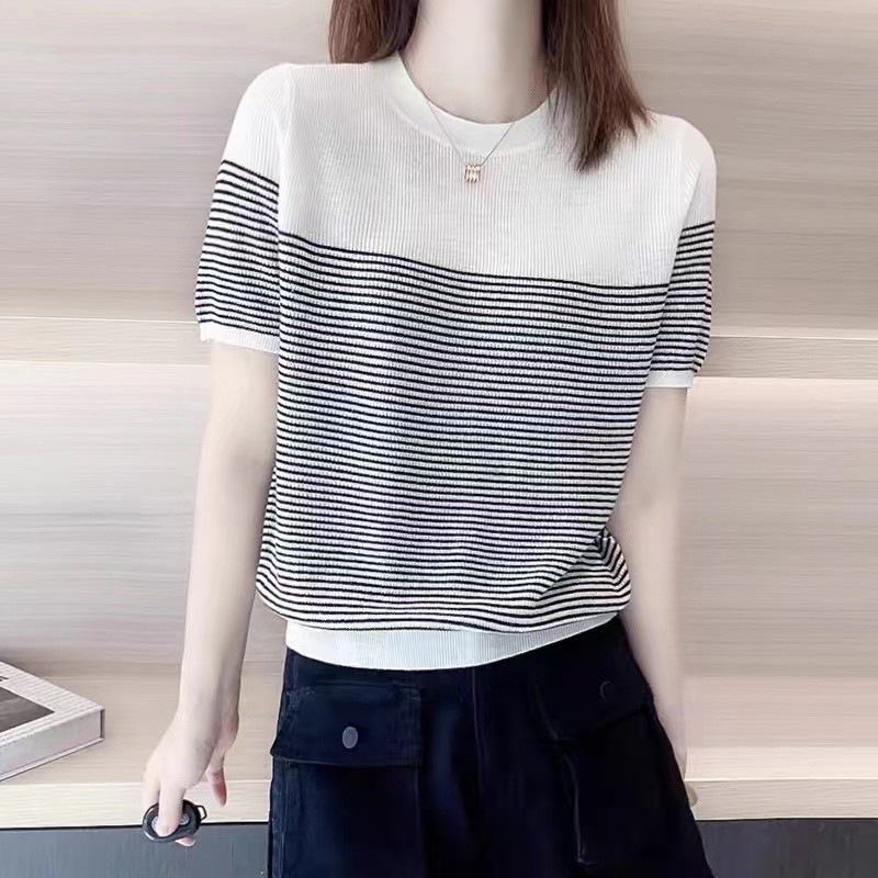 เสื้อกันหนาว คอกลม ผ้าเรยอน ลายทาง แบบเรียบ แฟชั่นฤดูร้อน สําหรับผู้หญิง