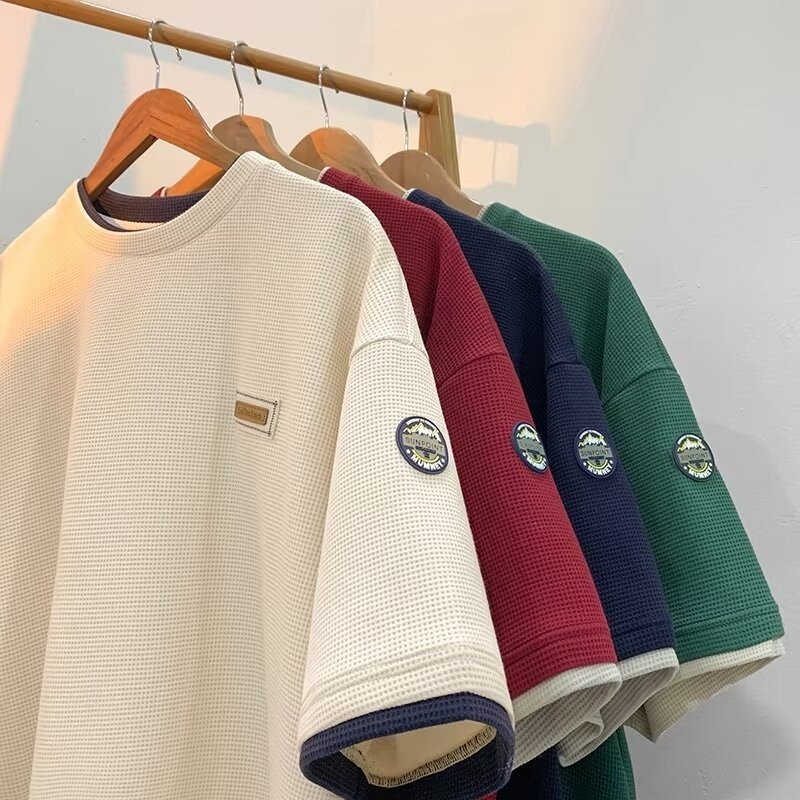 สตรีทสวมวาฟเฟิลปลอมสองชิ้นครึ่งแขนเสื้อยืดผู้ชายฤดูร้อนรอบคออินเทรนด์ย้อนยุคอินคู่หลวมครึ่งแขน