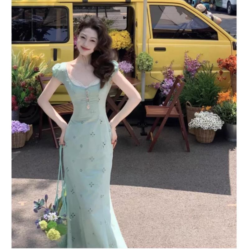 Xyzkuli ฝรั ่ งเศสปักโครเชต ์ Hollow V คอชุดฤดูร ้ อนแคบเอว Slimmer ดูยาว S