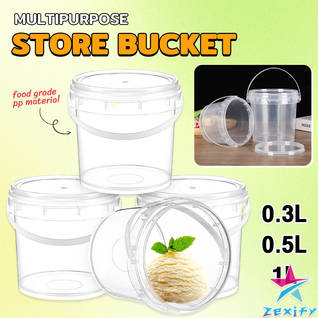 ZXF ถังน้ำแข็งพลาสติก 300ml 500ml 1000ml กระปุกเก็บอาหารมีฝาโปร่งใส Clear Plastic Bucket