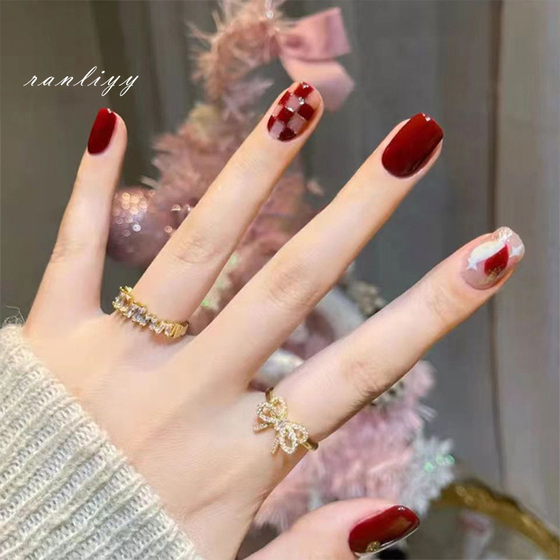 ส่งเร็ว🌼เล็บปลอมสั้นสำเร็จรูปลายตารางหมากรุกดอกไม้สไตล์โมเดิร์นหวานแฟชั่นกันน้ำDIYหลากหลายสไตล์24ชิ้น-Ranliyy - รูปที่ 2
