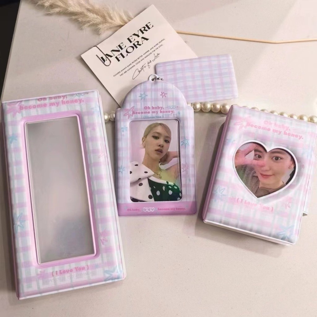Ins ฤดูใบไม้ผลิผงลายสก๊อตสีฟ้าคอลเลกชันผู้ถือบัตร Idol Card Book Life 4-Compartment Organizer 3 นิ้วกรณีการ์ด