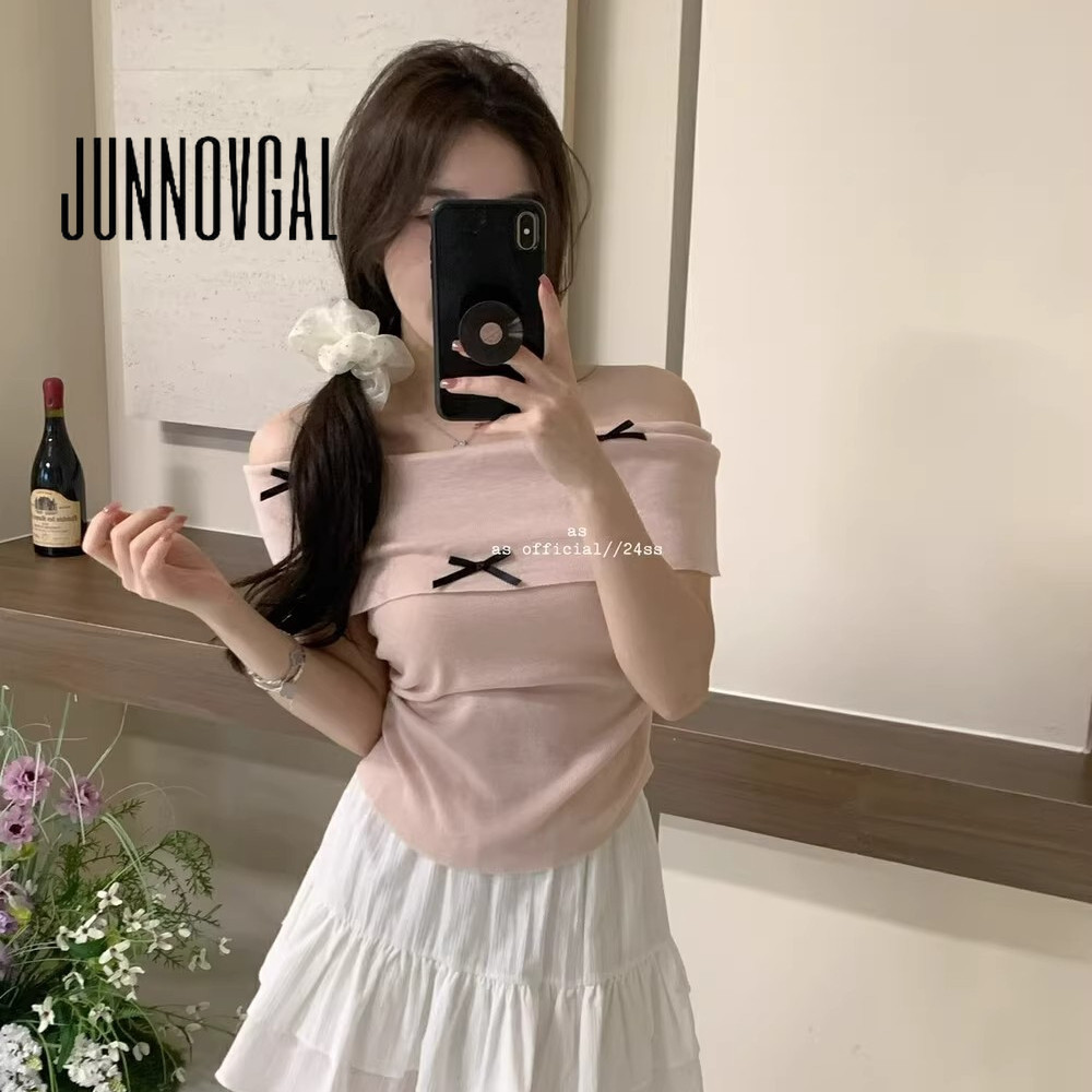 Junnovgal เสื ้ อยืดผู ้ หญิง 2024 Bowknot เพียงปิดไหล ่ สีทึบสไตล ์ ใหม ่ แขนสั ้ นทุกการแข ่ งขัน