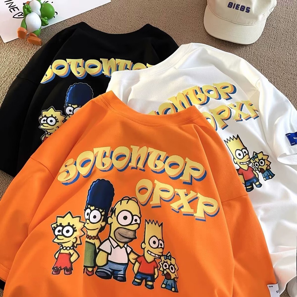 Simpson Heavy เสื้อยืดแขนสั้นผู้ชายฤดูร้อน Street Wear อินเทรนด์หลวมครึ่งแขนนักเรียนมัธยมต้นขนาดใหญ่