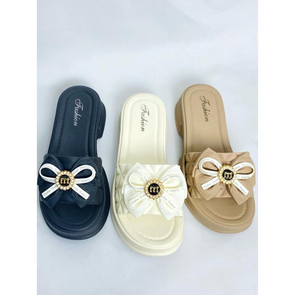 10.10 PEAK ☀HOUSE168☀ SF56 รองเท้าแตะส้นเตารีดแบบสวมหรูหราแบบหนาสําหรับผู้หญิงลายริบบิ้น