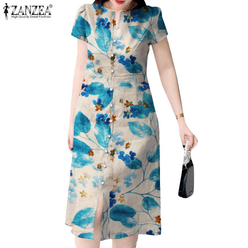 Zanzea ชุดเดรสพิมพ ์ ลายหลวมแขนสั ้ นผู ้ หญิงเกาหลีทุกวัน