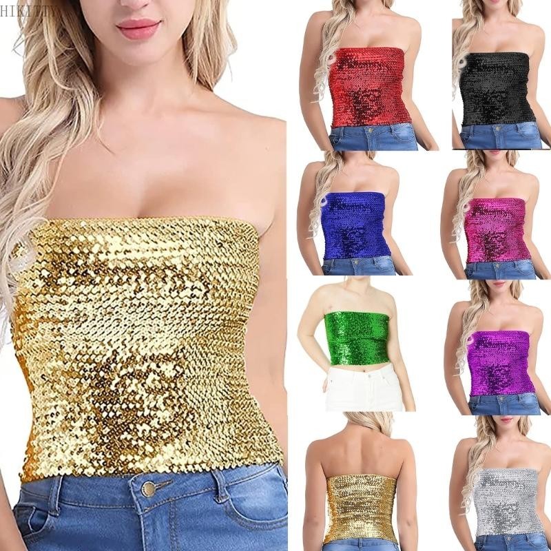 Hik ผู ้ หญิง Sparkly Sequins Tube Top Strapless ไหล ่ Glitter Metallic Bandeau