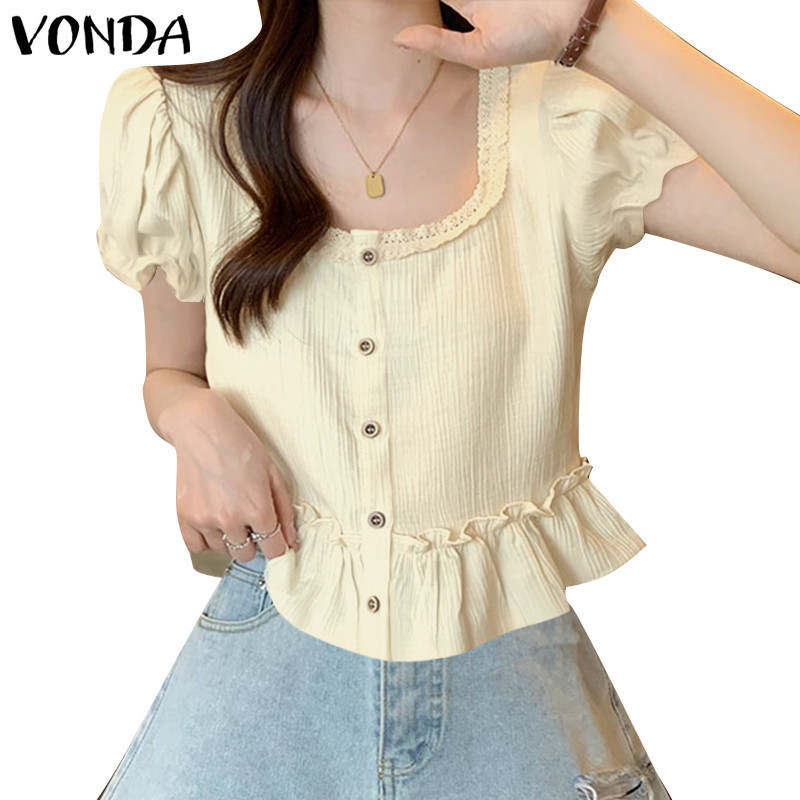 Vonda ผู ้ หญิงเกาหลีลําลองรอบคอปลอมกระเป ๋ าพัฟเสื ้ อแขนสั ้ น