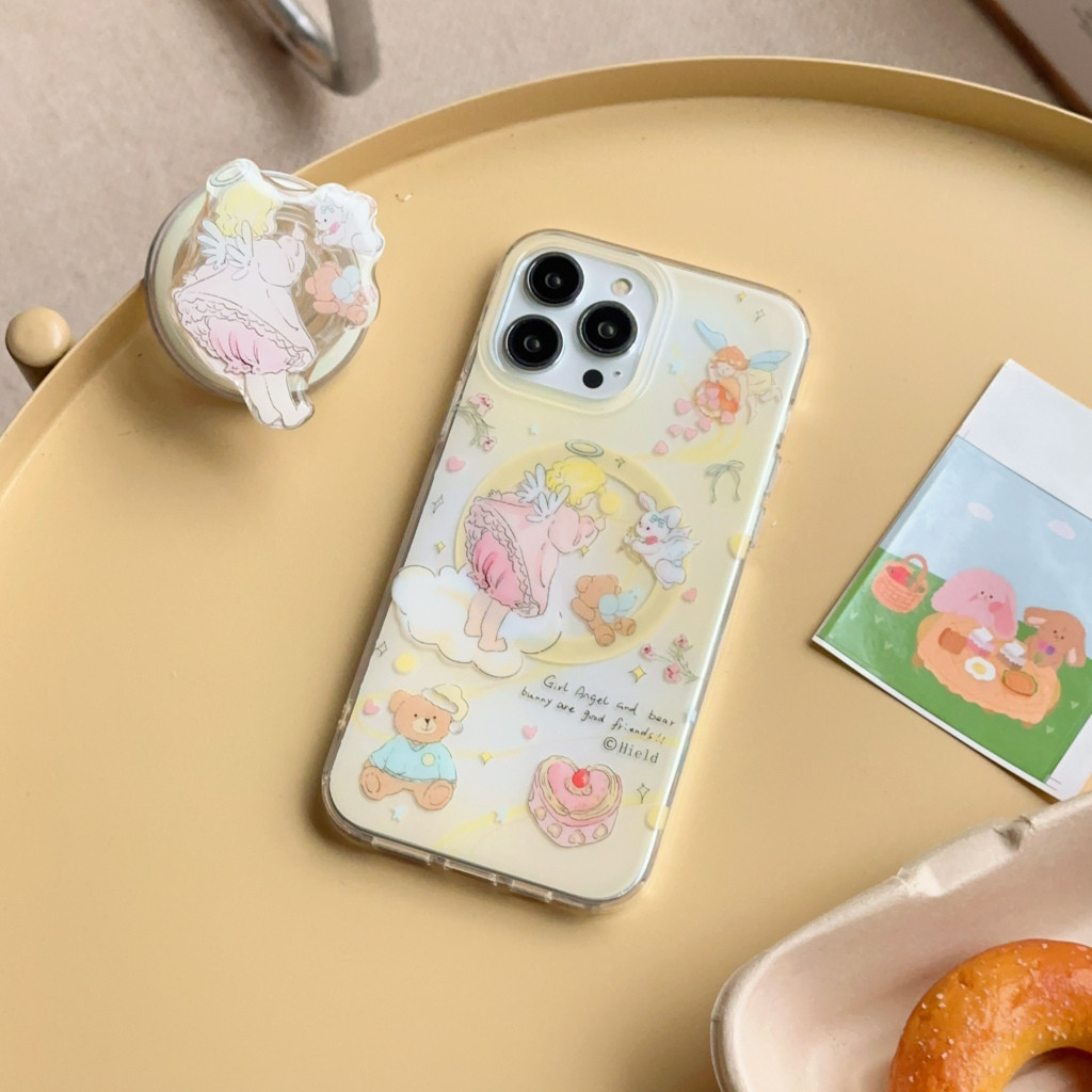 ปลอกปกแข็งเข้ากันได้กับ iPhone 12 12Pro 12ProMax 13 13Pro 13ProMax 14Pro 14ProMax 15 15Pro 15ProMax Angel Cake Bear Pattern Magnetic Case
