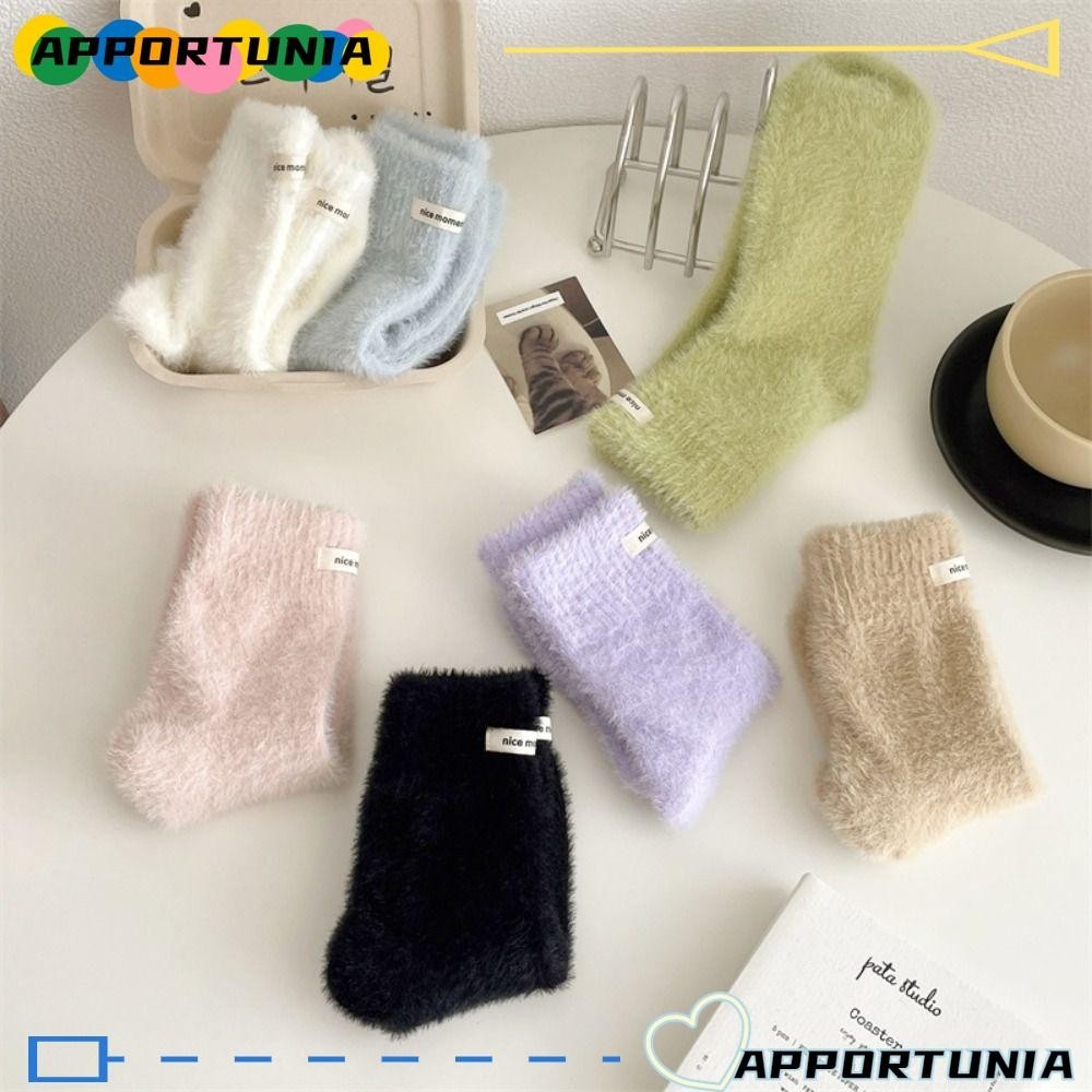 Apportunia Mink Cashmere Socks,ถุงเท้ากํามะหยี่สีทึบอบอุ่น,ถุงเท้าผ้าฝ้ายปุยตุ๊กตาฤดูหนาวหนาผู้หญิง
