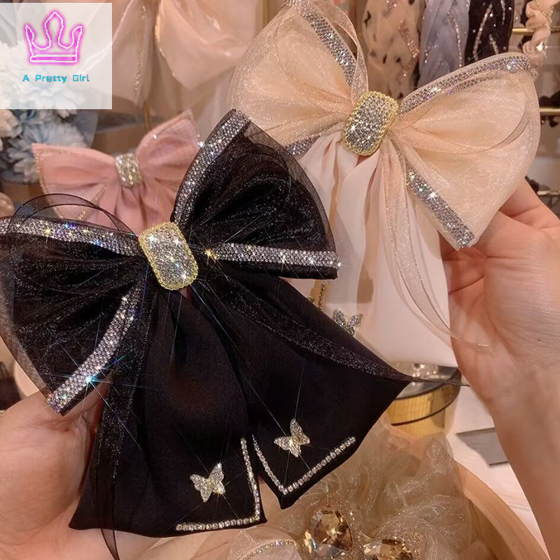 ก สาวสวยผ้า พลอยเทียม คริสตัลกิ๊บผีเสื้อตาข่ายโบว์กิ๊บฤดูใบไม้ผลิคลิปสําหรับผู้หญิงสไตล์เกาหลีแฟชั่นอุปกรณ์ผมใ