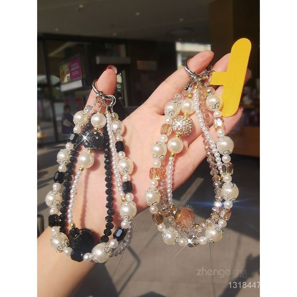 ไข่มุกโซ่คู่เชือกเส้นเล็กสร้อยข้อมือผู้หญิงโซ่โทรศัพท์มือถือเชือกเส้นเล็กสั้นคลิปบนเคสโทรศัพท์สากลแบบพกพาแขวนข้อมือ