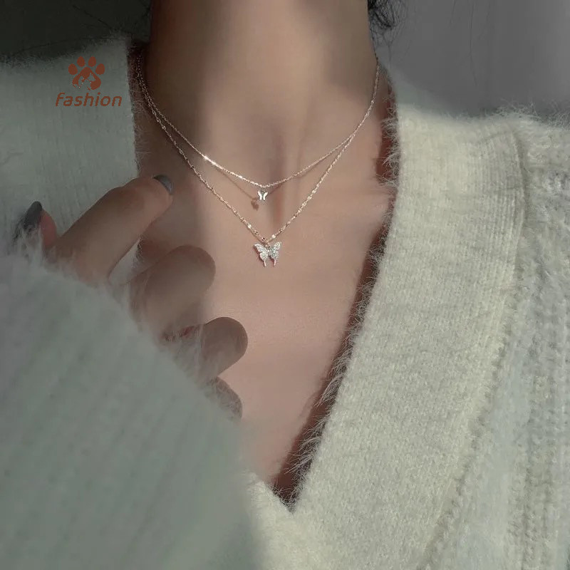 [แฟชั่น] สร้อยคอโซ่กระดูกไหปลาร้าสองชั้นเครื่องประดับเพทายสร้อยคอจี้ผีเสื้อสําหรับผู้หญิงอุปกรณ์เสริม {ไทย}