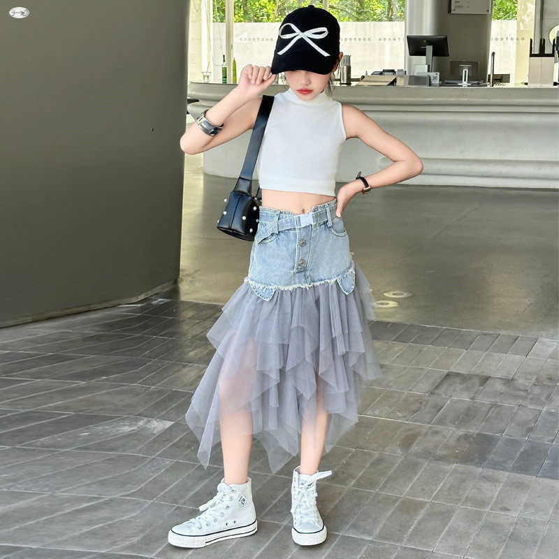 เสื้อผ้าเด็กผู้หญิงเสื้อกั๊กฤดูร้อนเสื้อยืด + กระโปรงเย็บผ้ากอซผ้ายีนส์ชุดสองชิ้น 5-13 ปี