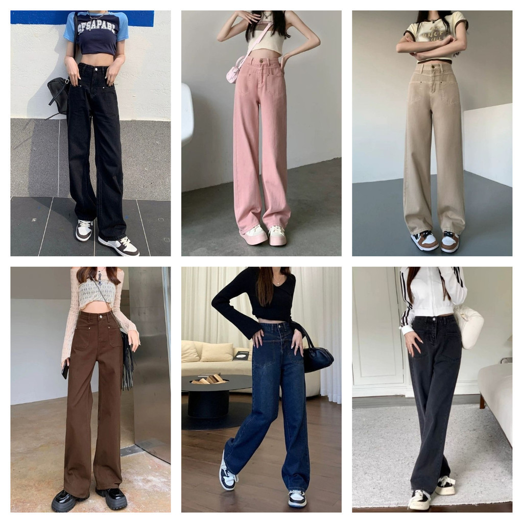 Glassy Sky💖พร้อมส่💖(946/946-1) -NZกางเกงยีนส์เอวสูงขายาว ทรงกระบอก กางเกงช้าง  6สี