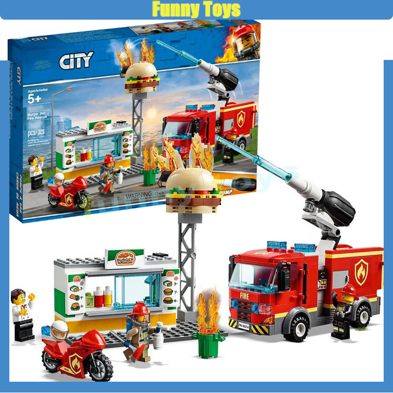City Series 60214 แฮมเบอร์เกอร์ Shop Fire Rescue Building Blocks ประกอบของเล่นเพื่อการศึกษาเด็กผู้ใหญ่เด็กของขวัญ