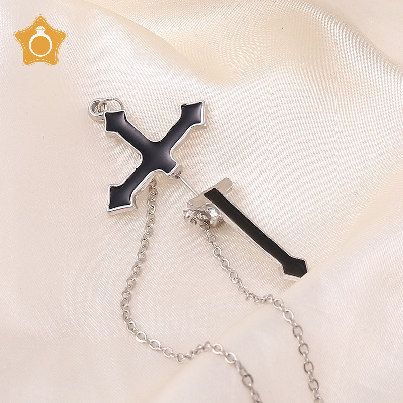 [IN ] Black Cross Drop ต ่ างหูสําหรับวัยรุ ่ น Vintage Rock Long Chain ต ่ างหูผู ้ หญิง TH
