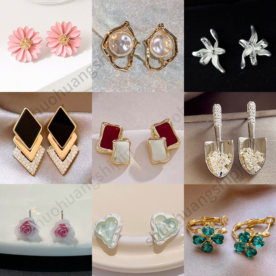 หวาน Elegant Love ดอกไม ้ อารมณ ์ เรขาคณิตแฟชั ่ น Rhinestone Pearl ต ่ างหูขนาดเล ็ กที ่ สวยงาม