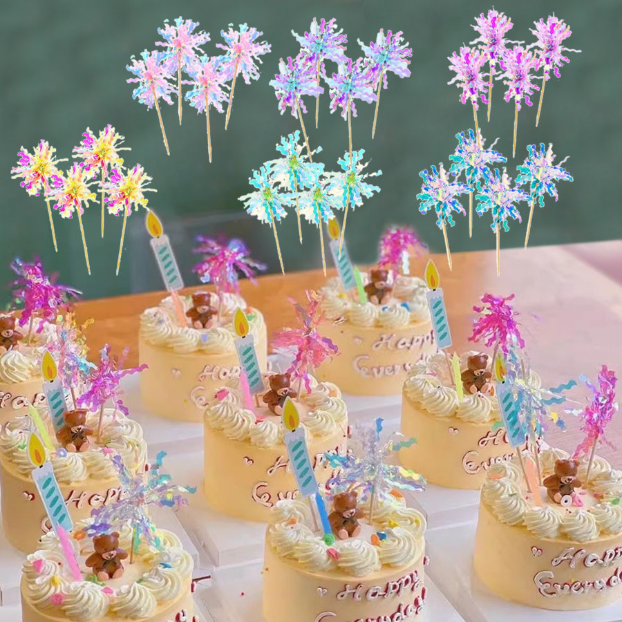 10 ชิ้น Glitter เค้กวันเกิดแฮปปี้ Topper ดอกไม้ไฟที่มีสีสัน Tassels Cupcake Topper งานแต่งงาน Baby Shower DIY ขนมเค้กตกแต่ง