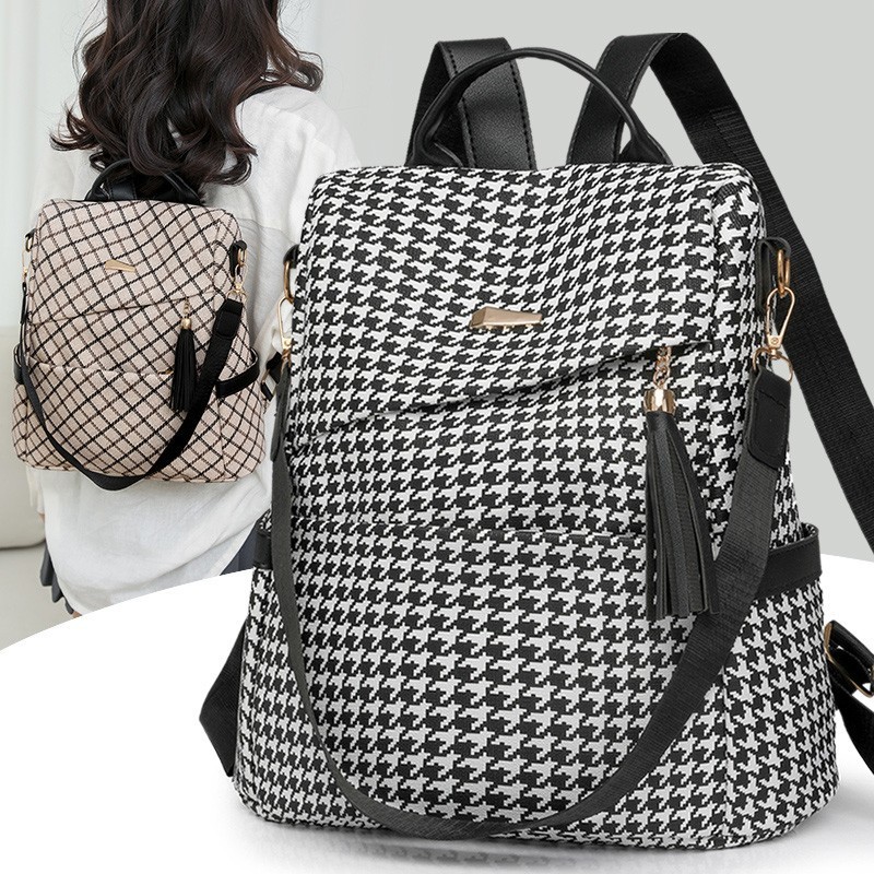ถัก Houndstooth กระเป ๋ าเป ้ สะพายหลังใหม ่ Multi-Functional ขนาดใหญ ่ ความจุกระเป ๋ าเป ้ สะพายหลังศิลปะลายสก ๊ อตนักเรียนกระเป ๋ านักเรียนหญิง